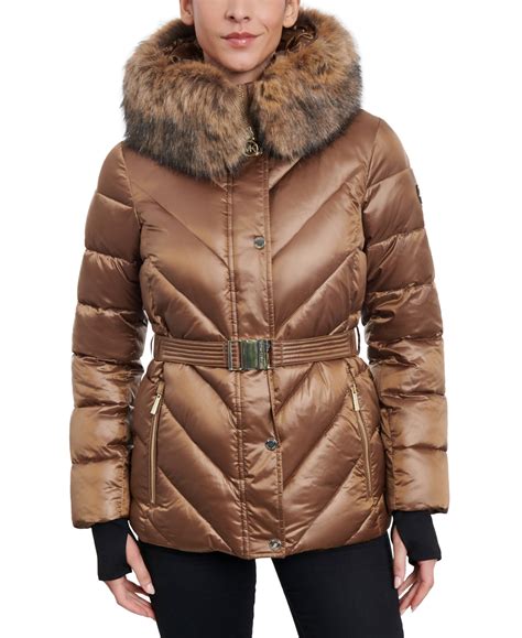 michael kors women's belted faux-fur-trim hooded puffer coat|michael kors puffer jacket.